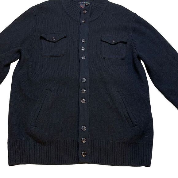 Tulliano Men's Black Ribbed Knitted Buttoned Long Sleeve Wool Cardigan Size XL - Picture 2 of 5